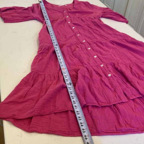 Xirena 100% Cotton Gauze Bell Sleeve Pink Tiered Midi Kendall Dress with Pockets - Picture 9 of 9